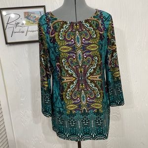 Sunny Leigh Women Medium Tunic Top Blouse Paisley Multicolor Knit Flared Sleeve